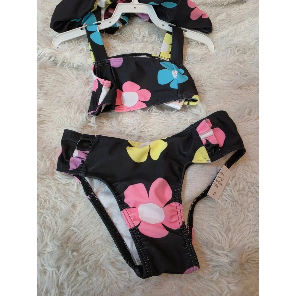 Jessica Simpson Baby Girls 3-Piece Rash Guard & Bikini Swim Set Black Floral 2T